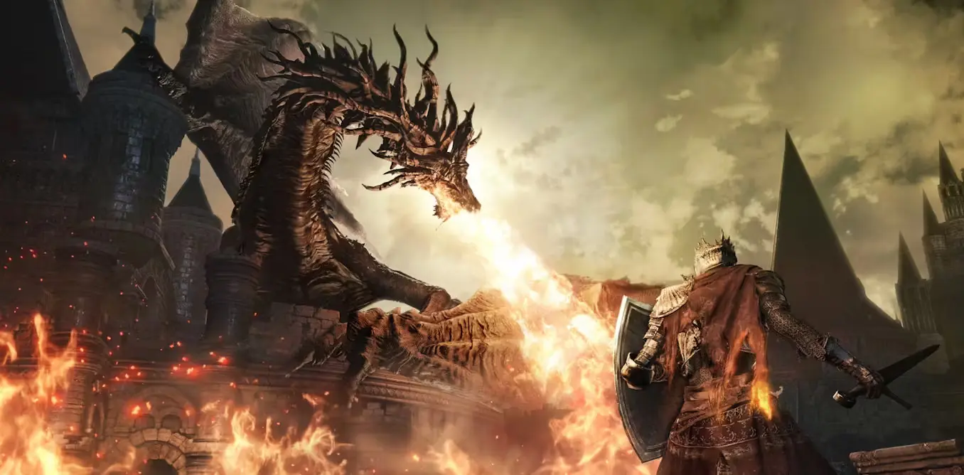 Picture of a video game design (Dragon spitting fire)