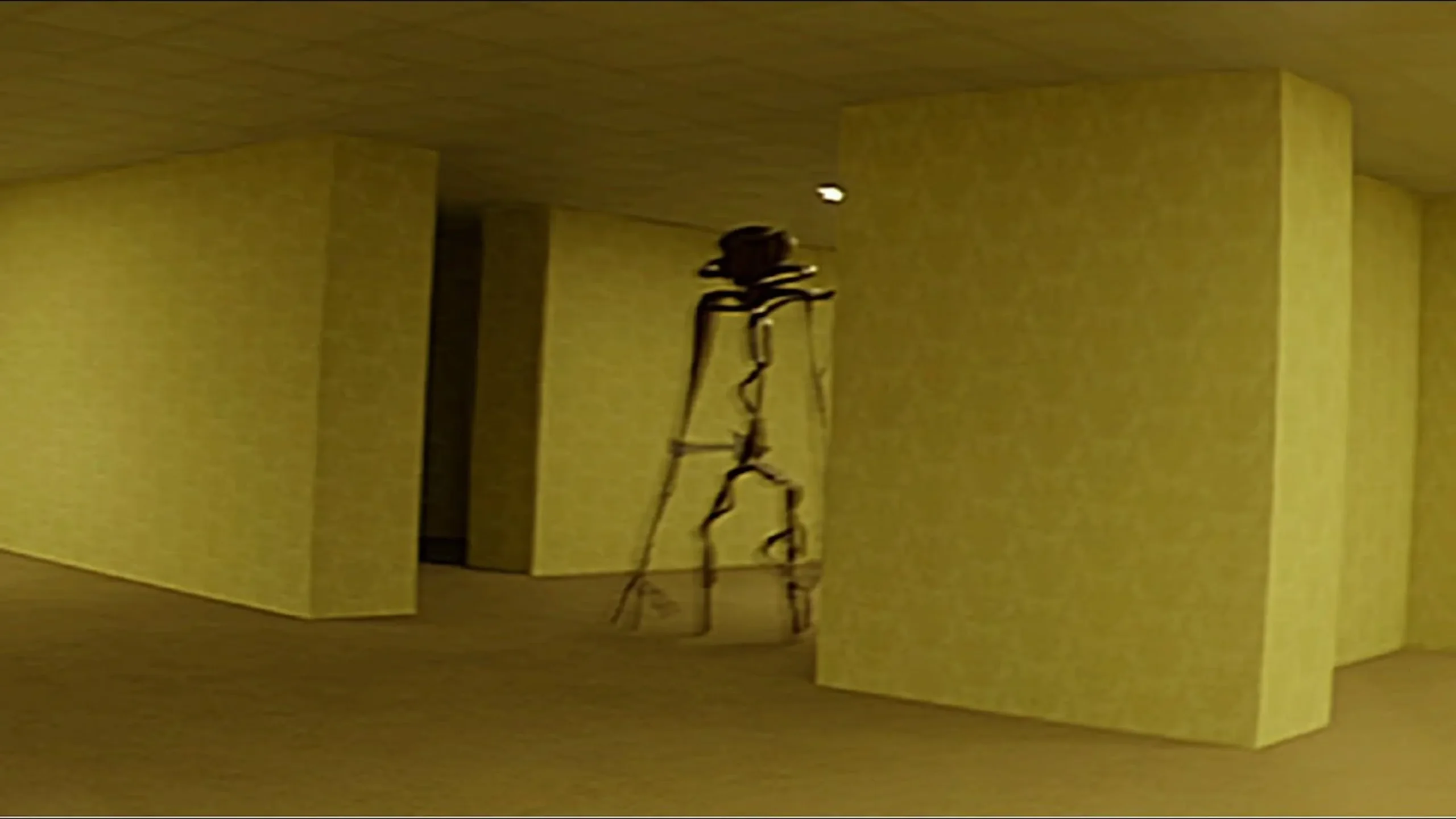 A horror scene where a sticky figure standing in the hallway